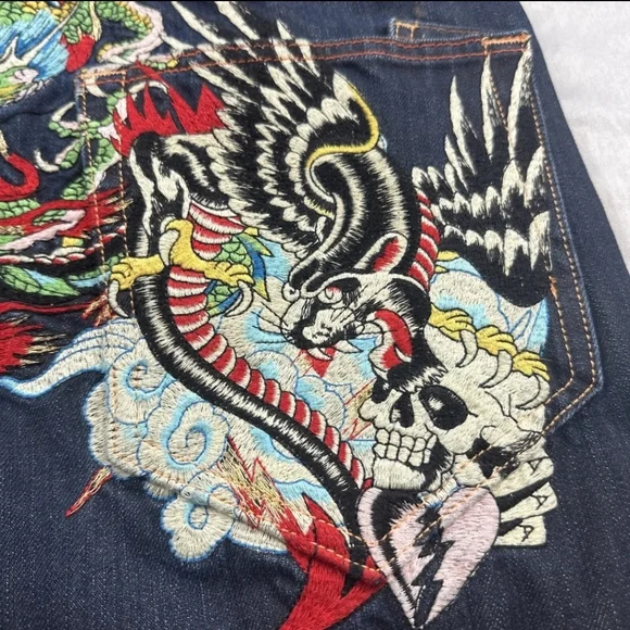 RARE Ed Hardy Dark Wash 2009 Tiger Dragon Scull Tattoo Jeans
